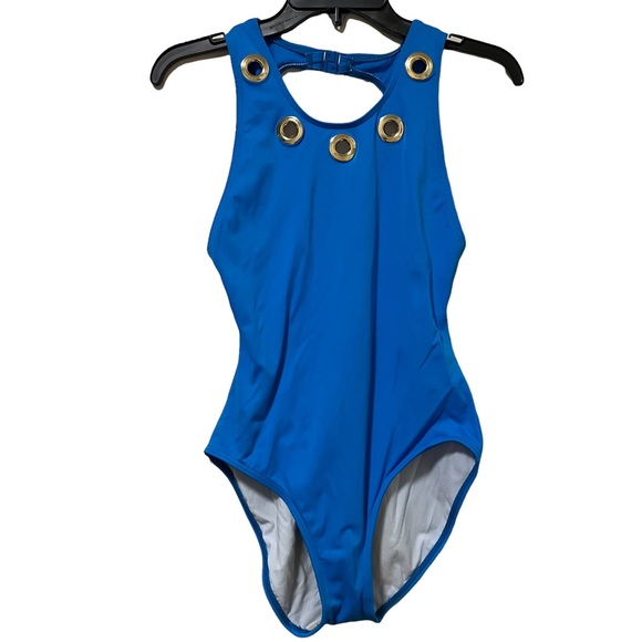 Vintage Adrienne Vittadini Blue & Gold One Piece Swimsuit - Picture 1 of 6